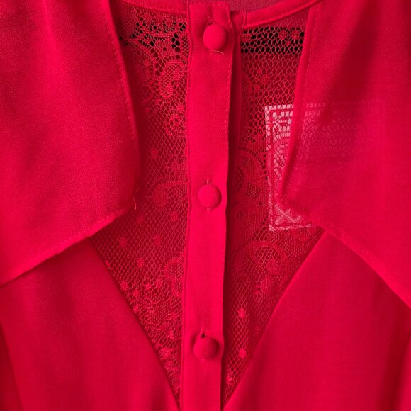 BISOU BISOU Red Ruffle and Lace Blouse | S | Sheer Button Down Round Neck NEW - Picture 3 of 9
